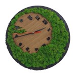 Round wall clock, decorated with stabilized natural lichens, wooden slice shape, 30 cm